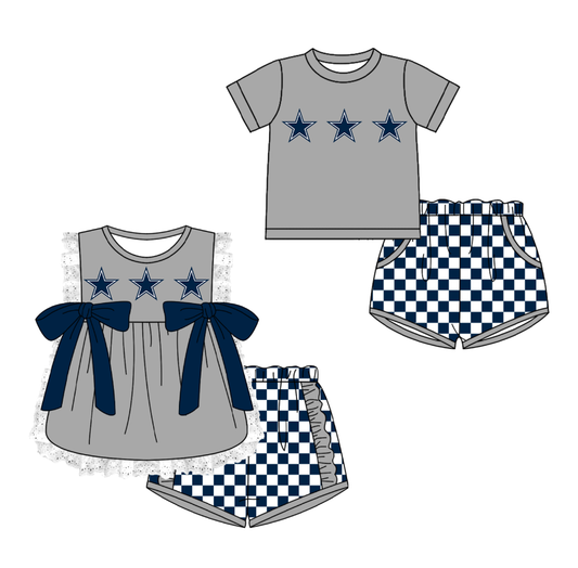 Custom moq 5 mix size milk silk summer teams Grey  Girl Sleeveless Top And Plaid Shorts Set with Bow Boy Short Sleeved Top And Plaid Shorts Set