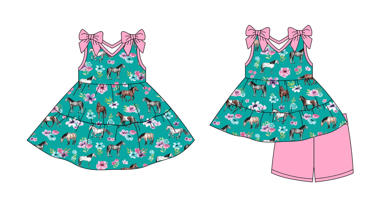 2.27 custom each style moq 5eta 4-6week Sibling Sister horse floral baby girl short sleeve shorts sets and dresses match design