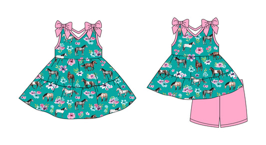 2.27 custom each style moq 5eta 4-6week Sibling Sister horse floral baby girl short sleeve shorts sets and dresses match design