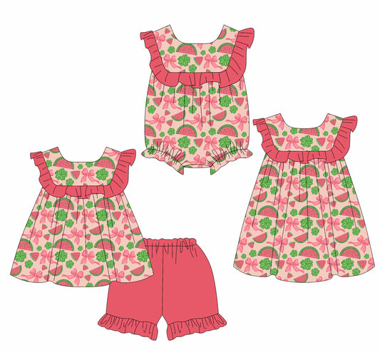 Custom moq 5 mix size Sibling Baby Girl's Watermelon print red Short-Sleeved Top And Shorts Set Cute Romper Dress for Spring Summer
