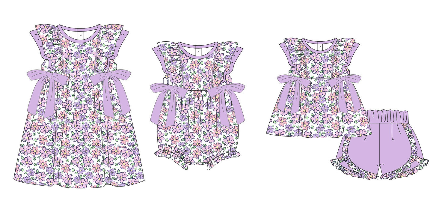 11.11 custom each style moq 5eta 4-6week Sibling Sister floral baby girl short sleeve shorts sets and dress and rompers match family design