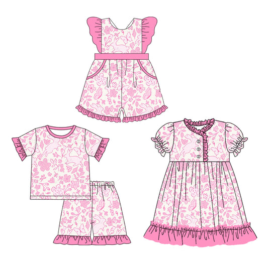 25.11.6 custom each style moq 5 eta 6-8week Sibling Sister floral baby short sleeve shorts sets and jumpsuit and dress match design