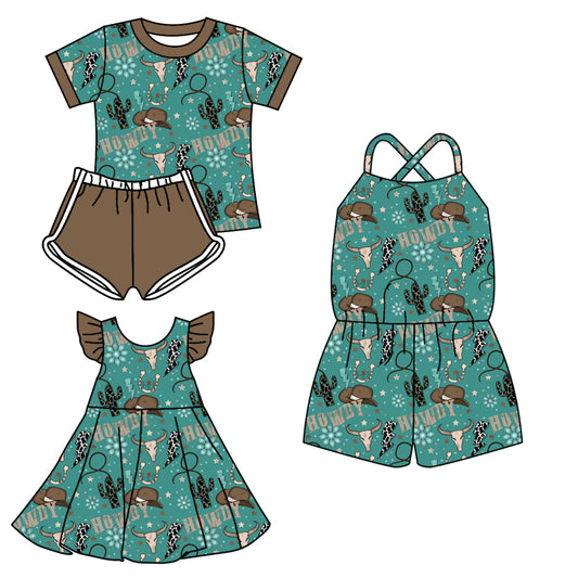 3.13 custom each style moq 5eta 4-6week Sibling Sister HOWDY cow head baby girl short sleeve shorts sets and dresses and jumpsuit match design）