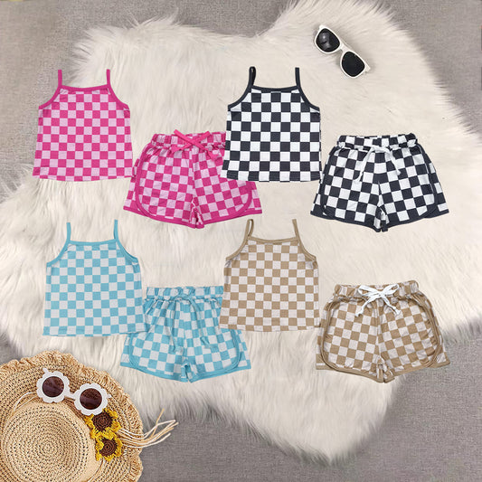 RTS Sibling baby girl clothes plaid Short Sleeve Shorts sets
