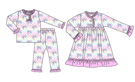 25.8.21 custom each style moq 5eta 4-6week Sibling Sisters bow baby girl long sleeve pants sets and dress match family design