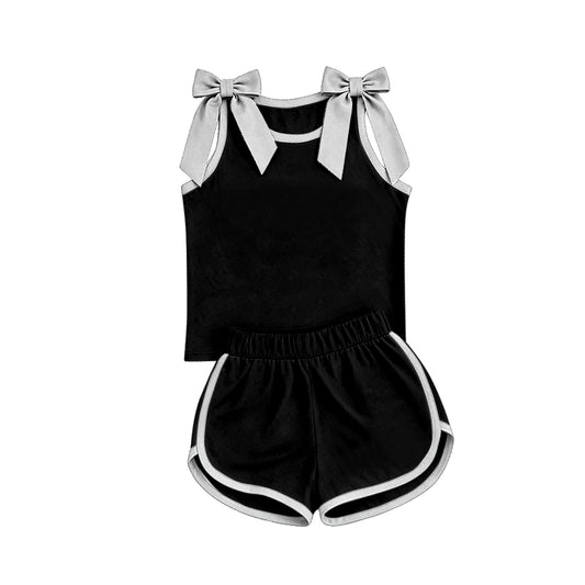 custom moq 5 mix size Baby Girls Grey Bow Sleeveless Black Top Shorts Team Athletic Set