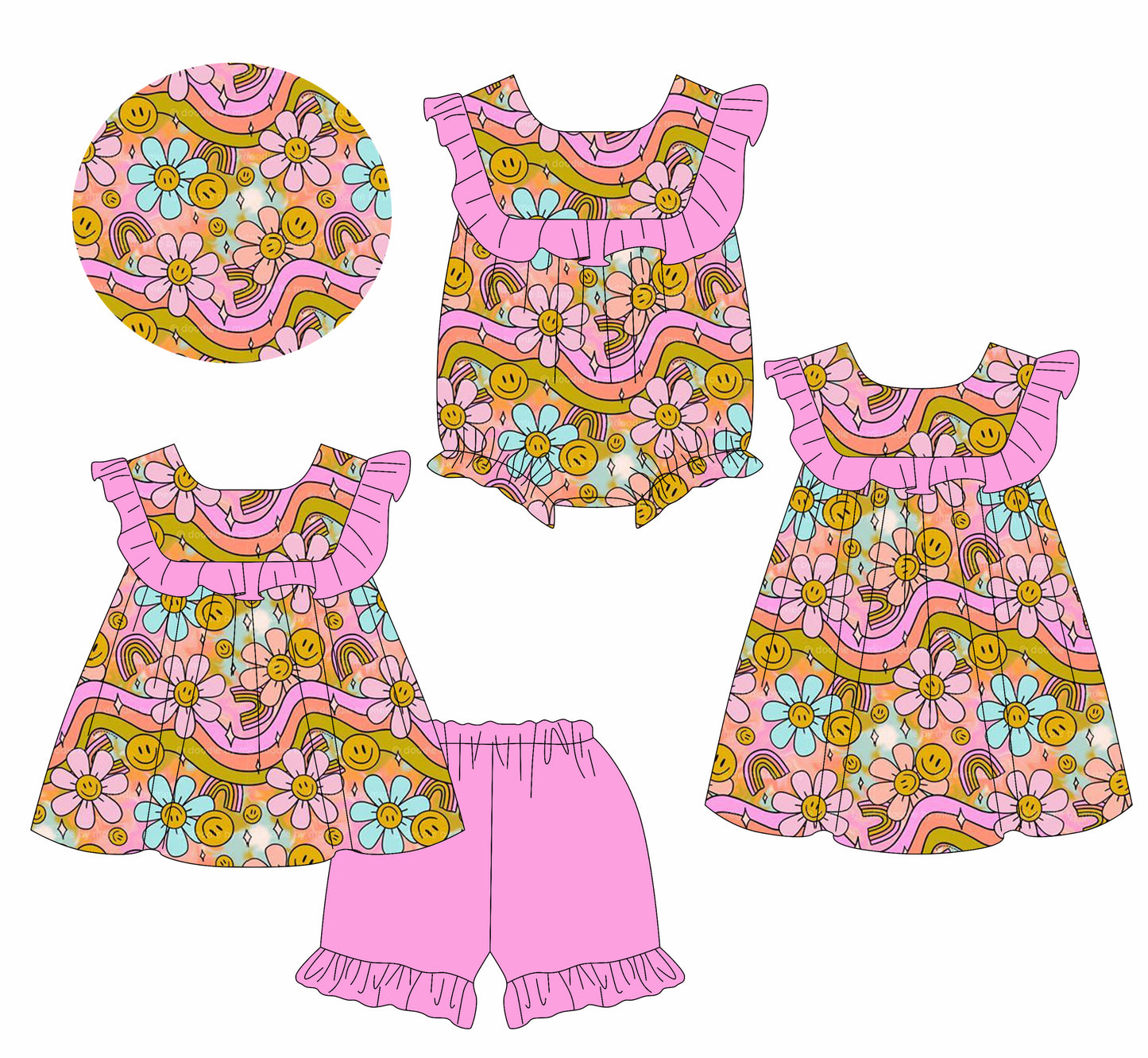 2.11 custom each style moq 5eta 4-6week Sibling Sisters floral baby girl short sleeve shorts sets and dress and rompers match family design