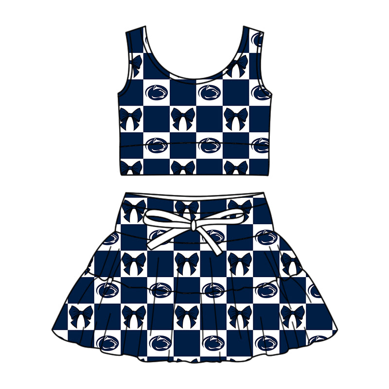 Custom moq 3 or 5 mix size milk silk summer teams baby girl clothes bow dark blue sleeveless skirts sets 3 and dresss and shorts-26.1.23