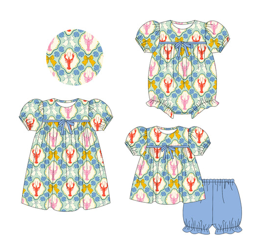 25.5.24 custom each style moq 5eta 4-6week Sibling Sisters crayfish bow baby girl short sleeve shorts sets and dress and rompers match family design