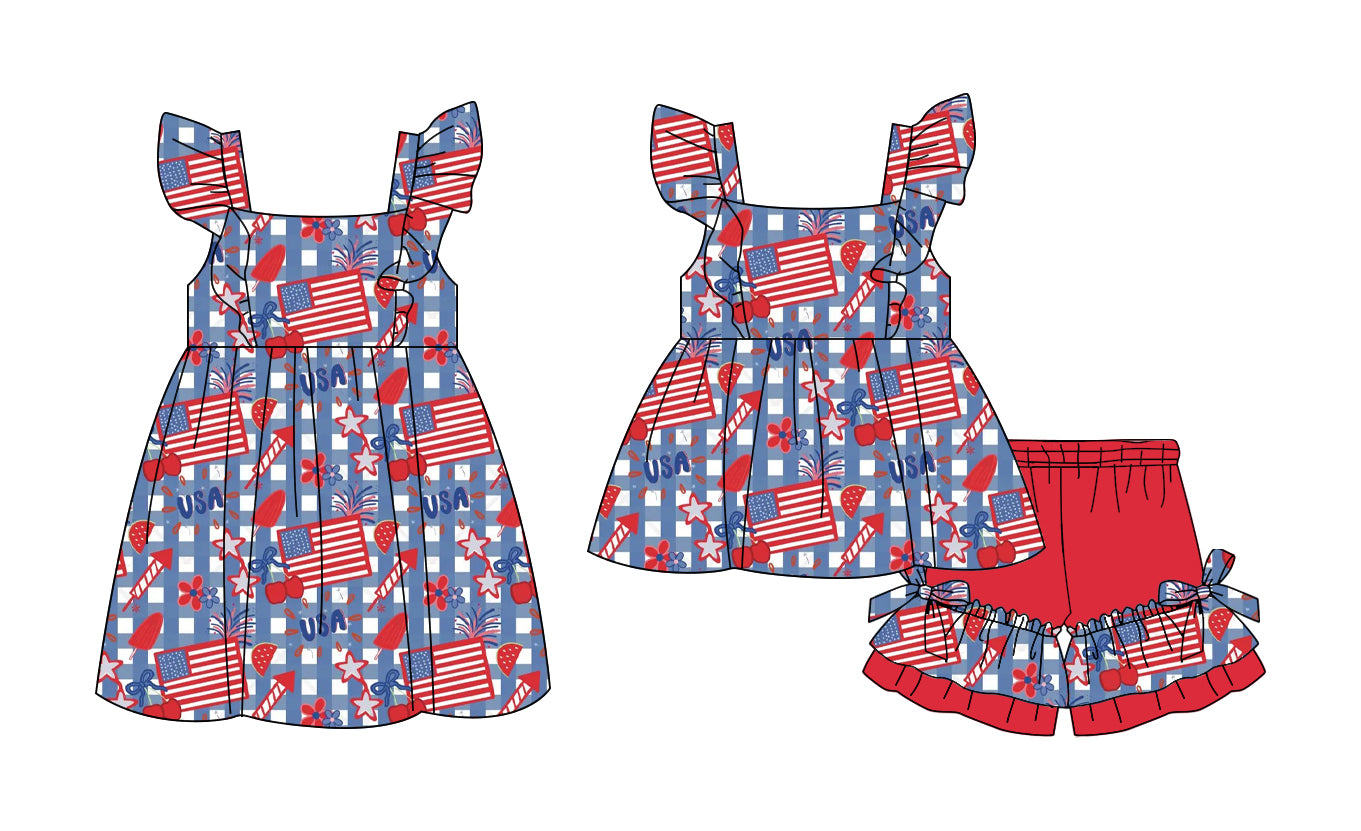 25.11.13 custom each style moq 5 eta 6-8week Sibling Sister flag baby short sleeve shorts sets and dress match design