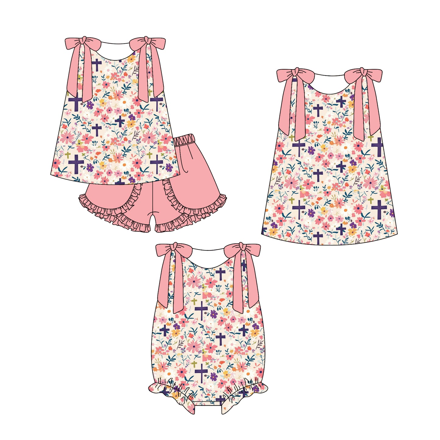 25.12.20 custom each style moq 5 eta 6-8week Sibling Sister easter floral baby short sleeve shorts sets and romper and dress match design