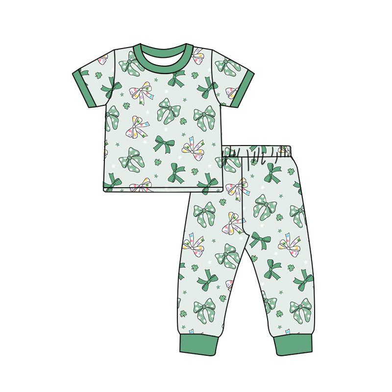10.25 custom each style moq 5eta 4-6week Sibling Sister bow green baby girls short sleeve sets and rompers match design