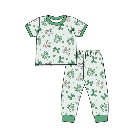 10.25 custom each style moq 5eta 4-6week Sibling Sister bow green baby girls short sleeve sets and rompers match design