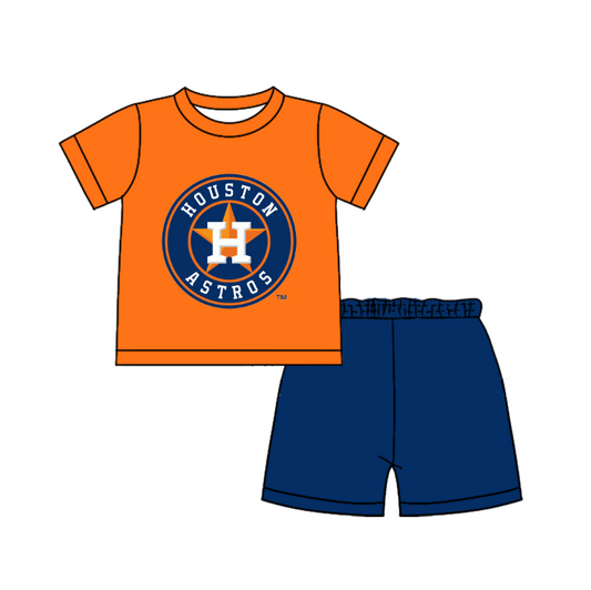 Custom moq 5 mix size milk silk summer teams Baby Boy's orange  Short-Sleeved O-Neck Top And solid color Shorts Set