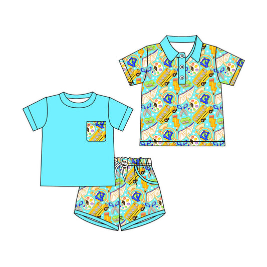 3.11 Custom moq 5 mix size Sibling Baby Boy's Back To School  Short-Sleeved Outfit Set with Matching Polo Shirt