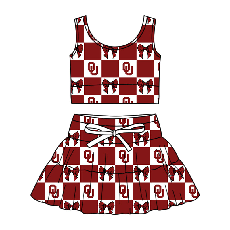 Custom moq 3 or 5 mix size milk silk summer teams baby girl clothes bow dark red sleeveless skirts sets-26.1.24