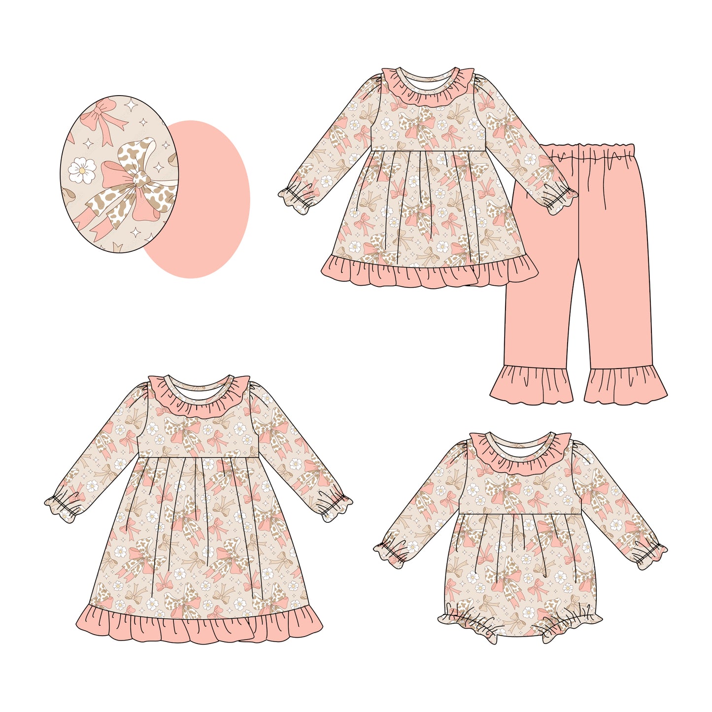 25.7.31 custom each style moq 5eta 4-6week Sibling Sisters bow baby girl long sleeve pants sets and dress and rompers match family design