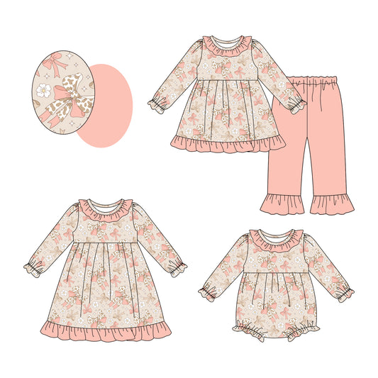 25.7.31 custom each style moq 5eta 4-6week Sibling Sisters bow baby girl long sleeve pants sets and dress and rompers match family design
