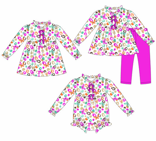 25.8.5 custom each style moq 5eta 4-6week Sibling Sisters leopard baby girl long sleeve pants sets and dress and rompers match family design