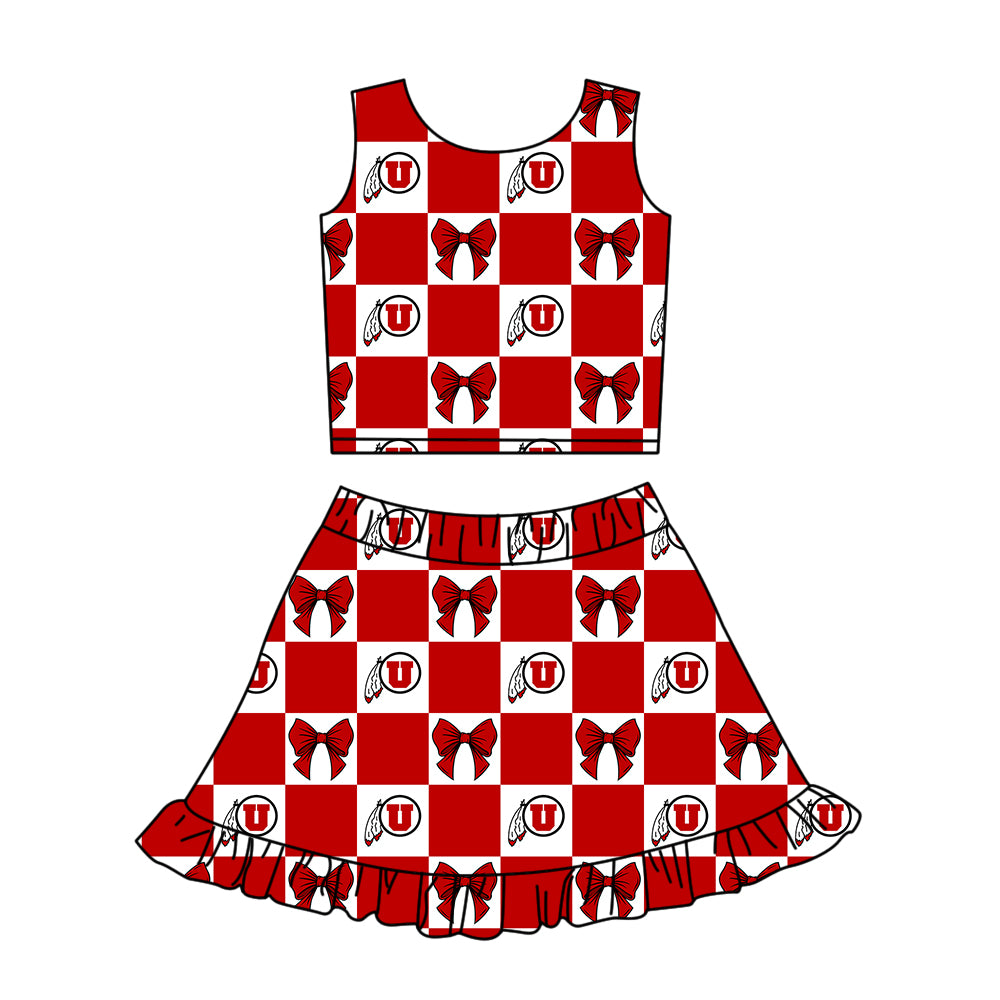 Custom moq 5 mix size Milk silk summer girls' three-piece set with letter bow print plaid sleeveless skirt including a dress and shorts