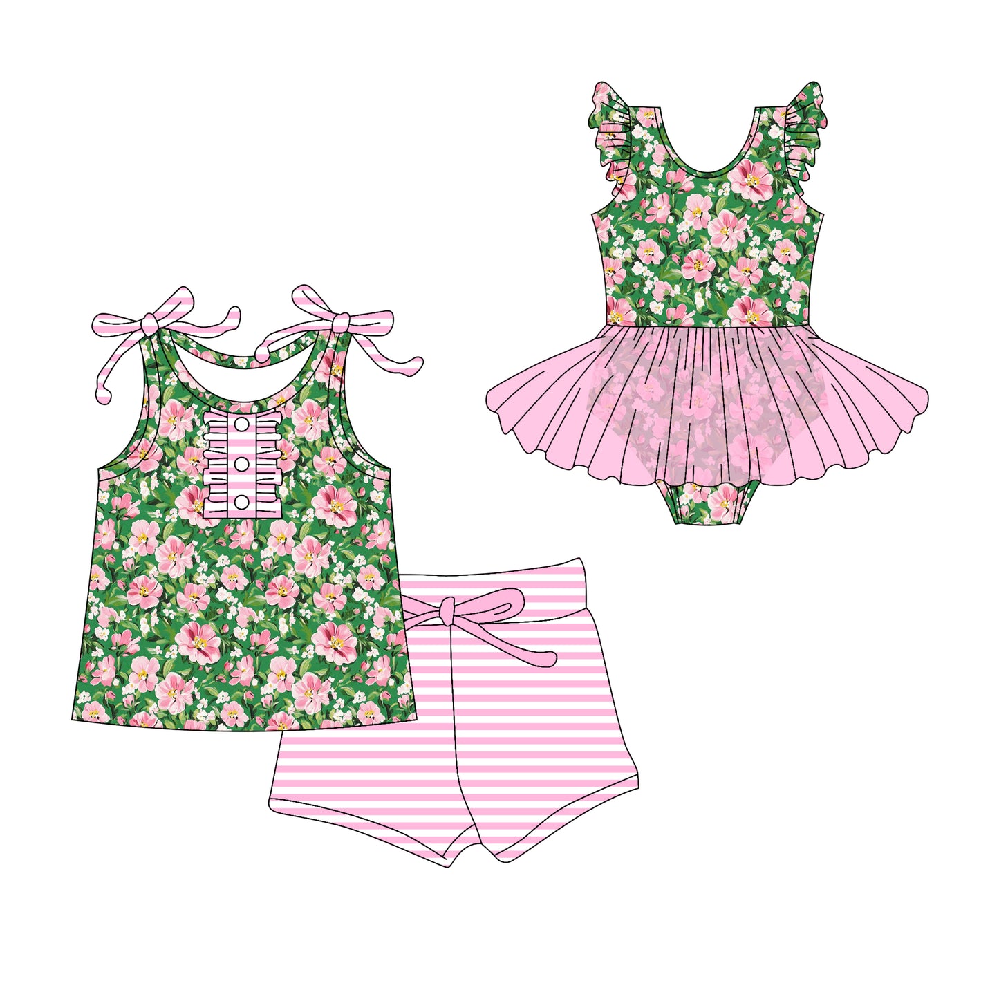 3.18 custom each style moq 5eta 4-6week Sibling Sister floral baby girl boy short sleeve shorts sets and romper match design