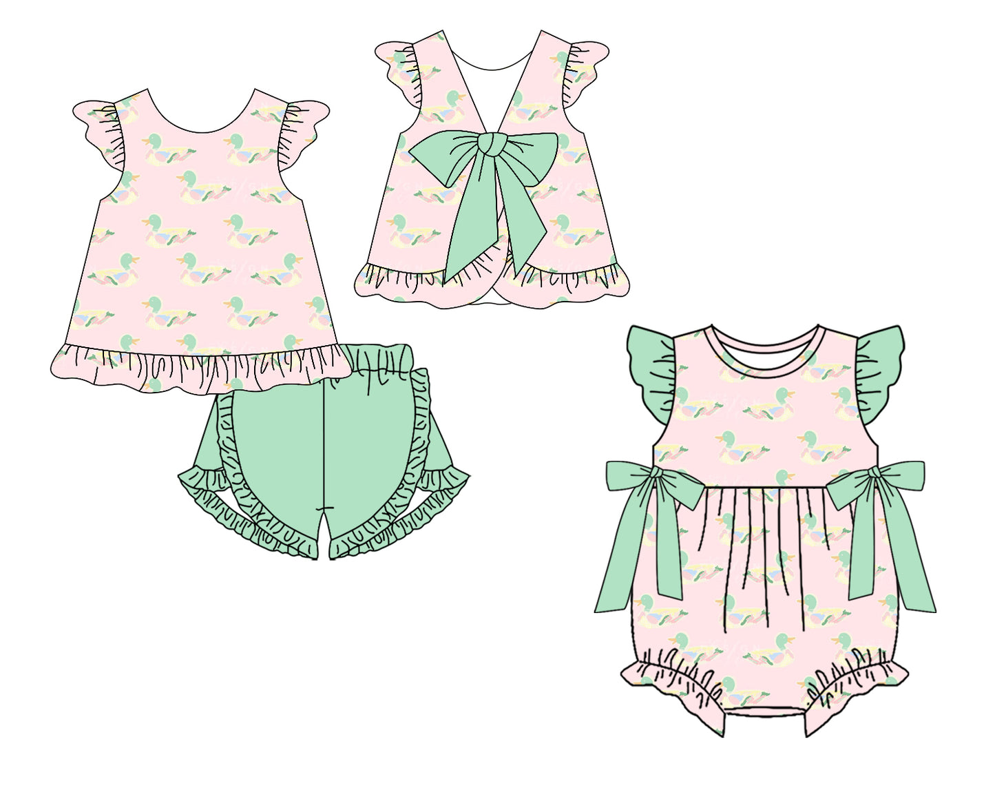 Custom moq 5 mix size Sibling Baby Girl Duck Print Romper Set Sleeveless Top And Shorts Outfit for Spring/Summer