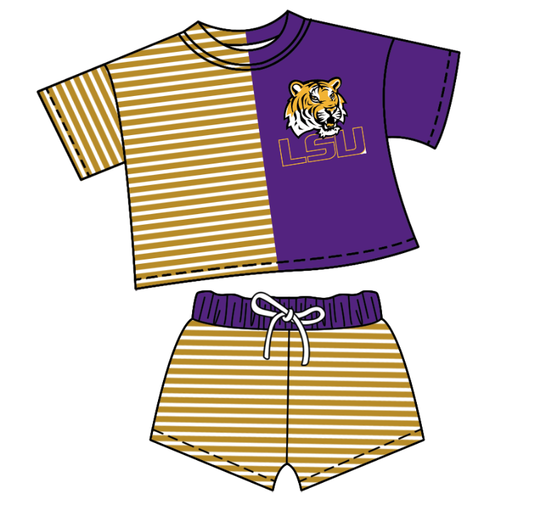 Custom moq 5 mix size milk silk summer teams Children's Purple Striped Outfit Set Short-Sleeved Crew Neck Top And Drawstring Shorts for Kids