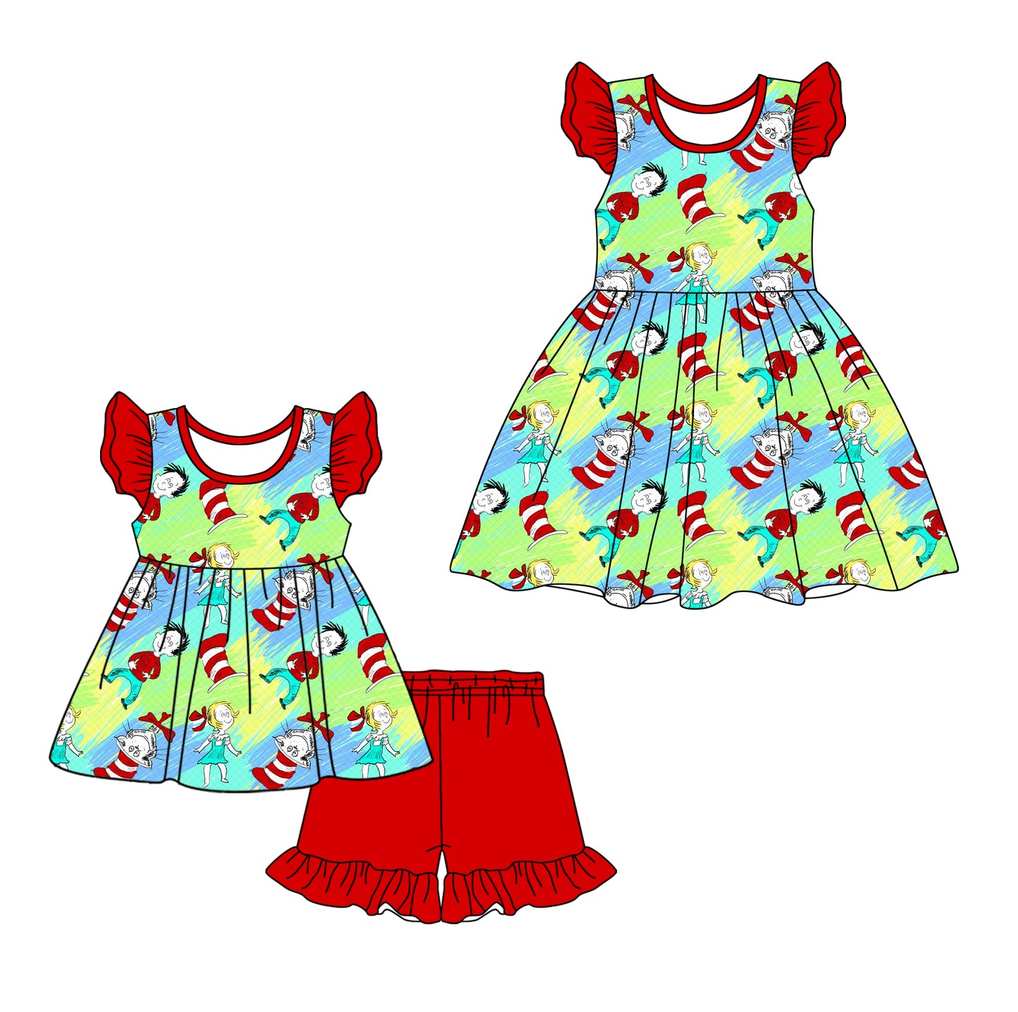 12.19 custom each style moq 5eta 4-6week Sibling Sister dr seuss baby girl short sleeve shorts sets and dresses match design