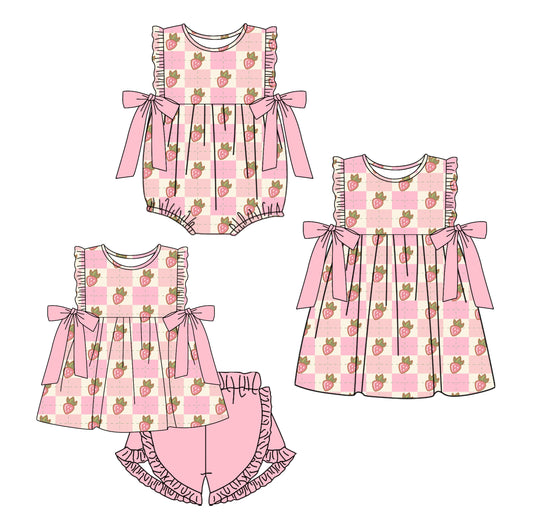 26.1.3 custom each style moq 5 eta 6-8week Sibling Sister strawberry baby short sleeve shorts sets and romper and dress match design