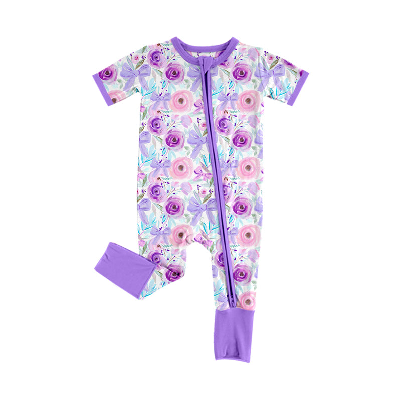 10.23 custom each style moq 5eta 4-6week Sibling Sister flower bow purple baby girls short sleeve sets and rompers match design