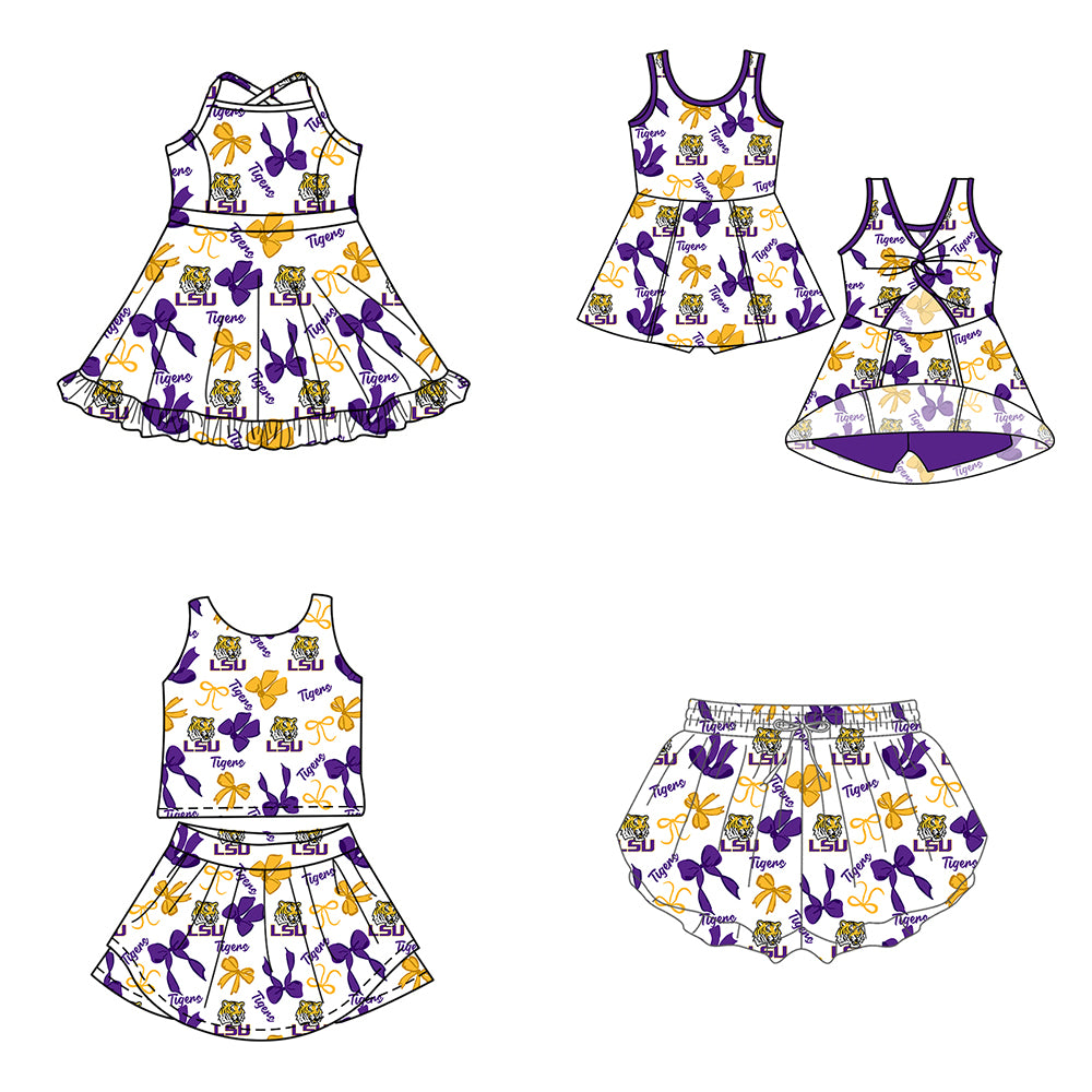 Custom moq 5 mix size milk silk summer teams Purple Yellow Bow Baby Girls Vest Top Skirt Shorts Sets Sleeveless Yoga Knee Length Dresses Yoga Shorts