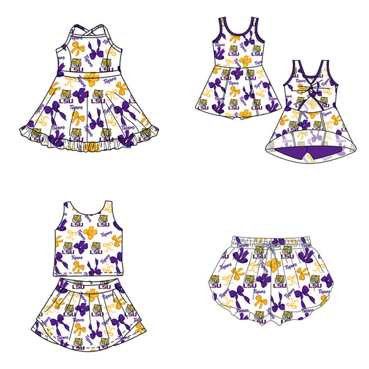Custom moq 5 mix size milk silk summer teams Purple Yellow Bow Baby Girls Vest Top Skirt Shorts Sets Sleeveless Yoga Knee Length Dresses Yoga Shorts