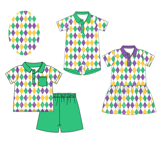 12.6 custom each style moq 5eta 4-6week Sibling Sister mardi gras baby girl short sleeve shorts sets and dress and rompers match family design