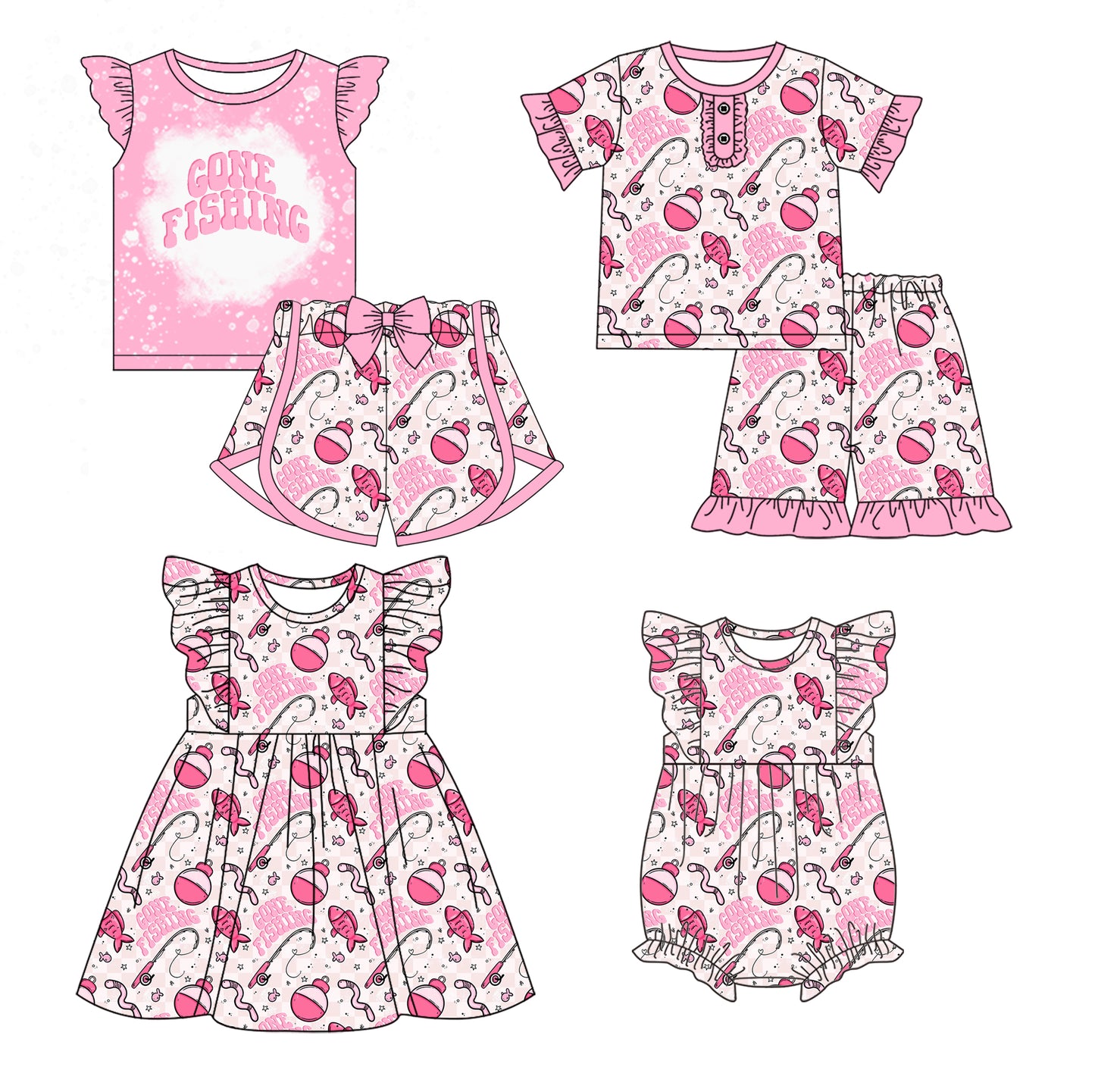 12.21 custom each style moq 5eta 4-6week Sibling Sister FISHING baby girl short sleeve shorts sets and sets 2 and girls romper and boy romper and dress match design