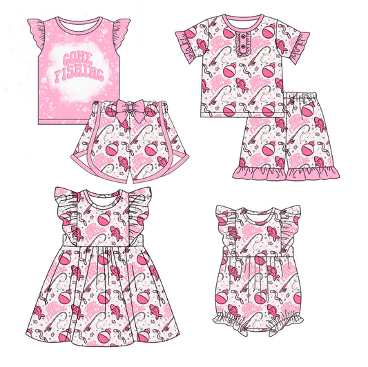 12.21 custom each style moq 5eta 4-6week Sibling Sister FISHING baby girl short sleeve shorts sets and sets 2 and girls romper and boy romper and dress match design