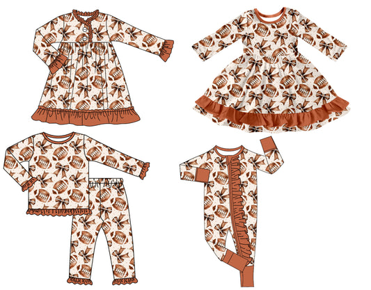25.8.13 custom each style moq 5 eta 4-6week Sibling Sisters rugby bow baby girl long sleeve pants sets and romper and dress 1 and dress 2 match family design