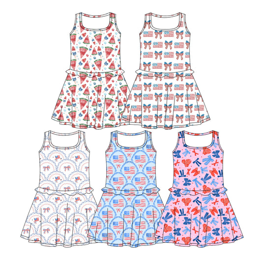 Custom moq 5 mix size Sibling Baby Girls Bow-Print Sleeveless Dress 4th of July Knee Length Dresses