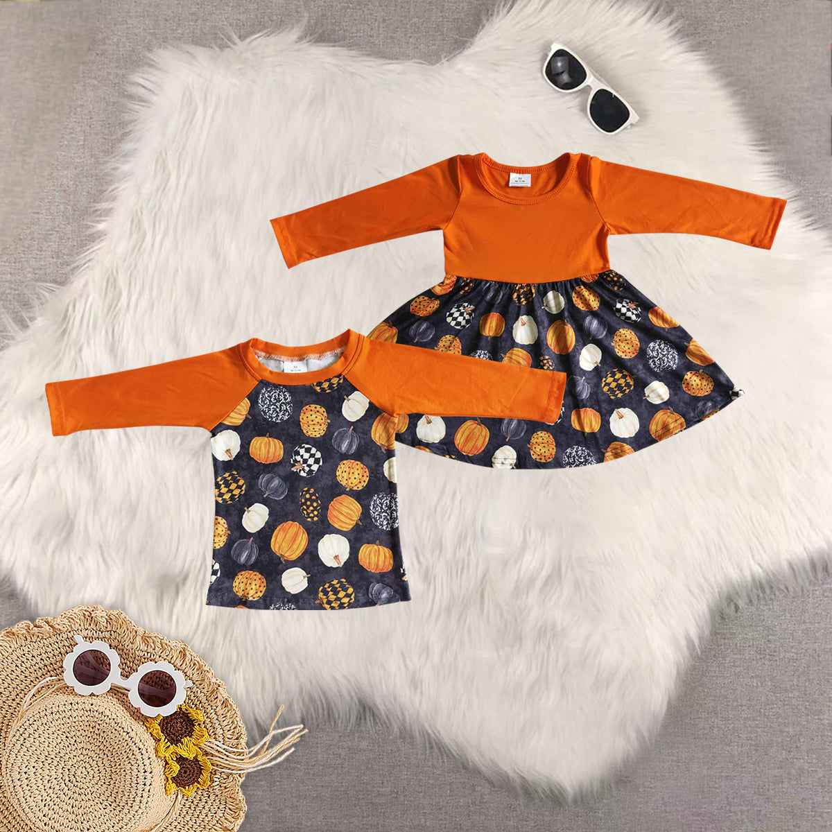 RTS NO MOQ Sibling Baby girls boys pumpkin long-sleeved dress & top