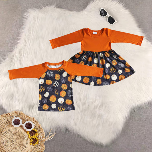 RTS NO MOQ Sibling Baby girls boys pumpkin long-sleeved dress & top