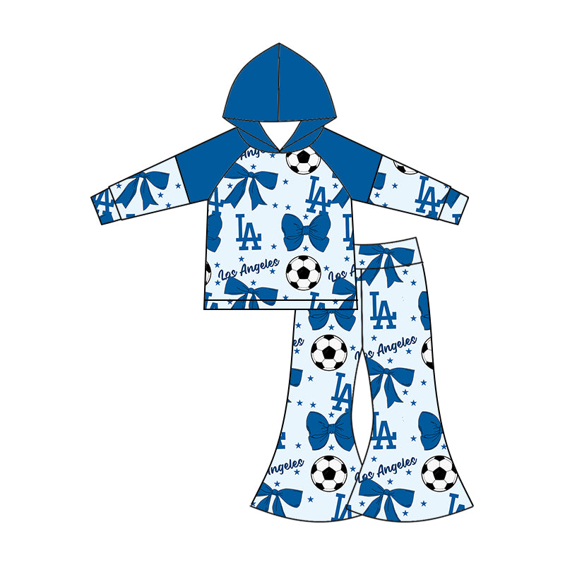 Custom moq 5 each style summer teams baby girls clothes team bow blue long sleeve hooded pants sets and dress 1 and dress 2 and romper-25.6.14