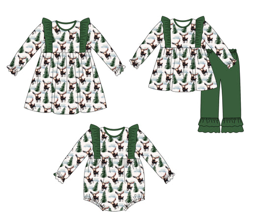 25.5.16 custom each style moq 5eta 4-6week Sibling Sisters Christmas trees deer baby girl long sleeve pants sets and dress and rompers match family design