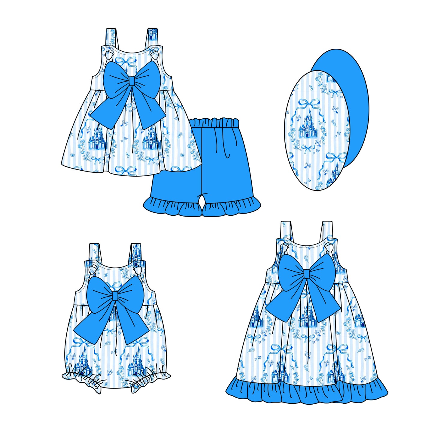2.18 custom each style moq 5eta 4-6week Sibling Sisters castle bow baby girl short sleeve shorts sets and dress and rompers match family design