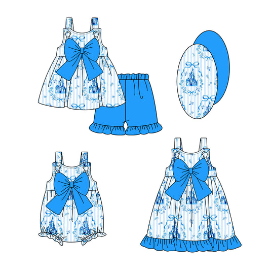 2.18 custom each style moq 5eta 4-6week Sibling Sisters castle bow baby girl short sleeve shorts sets and dress and rompers match family design