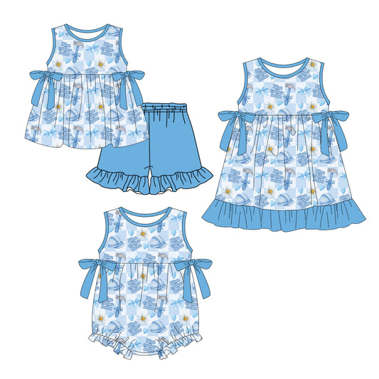 Custom moq 5 mix size Sibling Baby Girl's blue Sleeveless Top And Shorts Set Cute Romper Dress for Summer