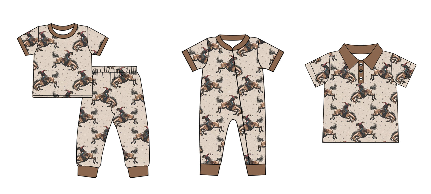 11.1 custom each style moq 5eta 4-6week Sibling Sister riding horse baby boy short sleeve sets and rompers and top match design