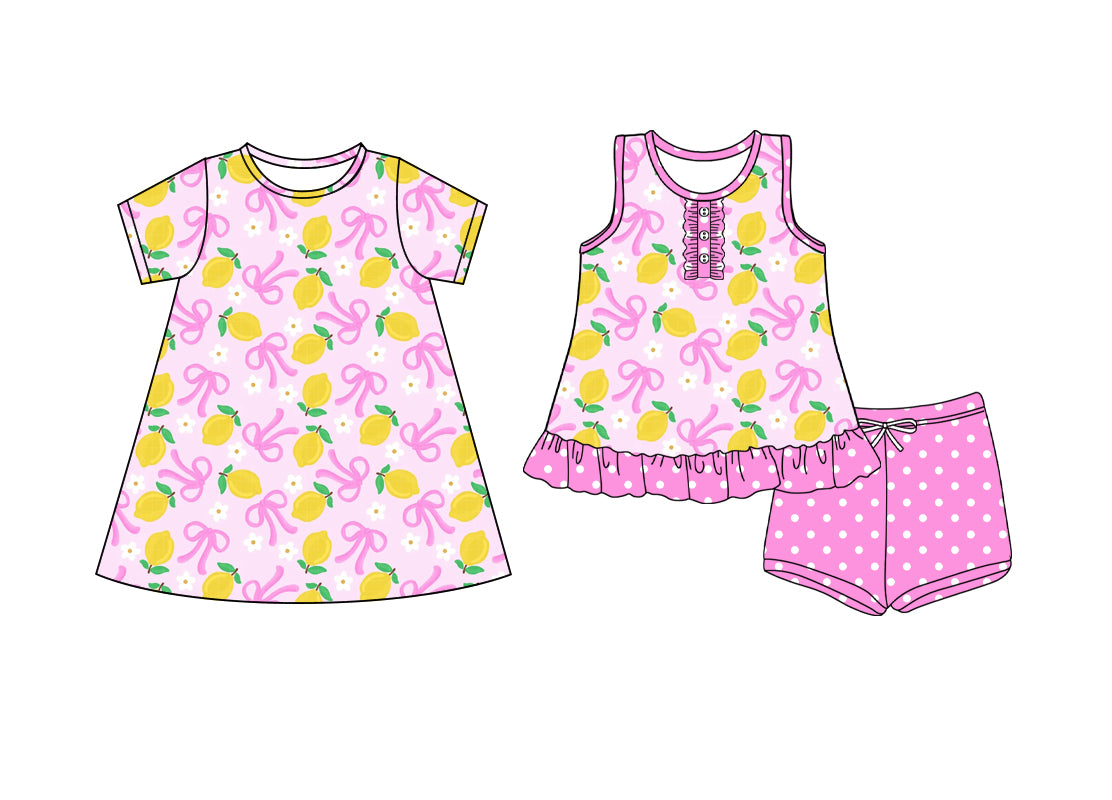 4.4 custom each style moq 5eta 4-6week Sibling Sister bow lemon baby girl short sleeve shorts sets and dresses match design