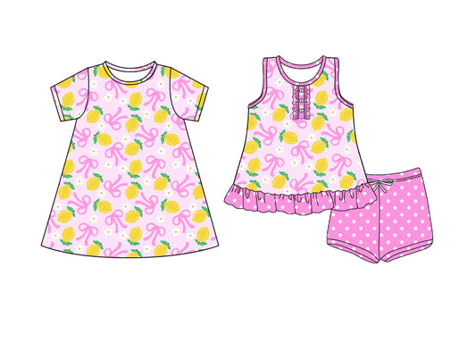 4.4 custom each style moq 5eta 4-6week Sibling Sister bow lemon baby girl short sleeve shorts sets and dresses match design