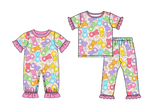 25.10.9 custom each style moq 8 eta 6-8week Sibling Sisters bunny baby girl clothes short sleeve pants sets and romper match family design