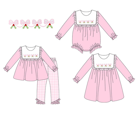 25.6.5 custom each style moq 5eta 4-6week Sibling Sisters Christmas bow pink baby girl long sleeve pants sets and dress and rompers match family design