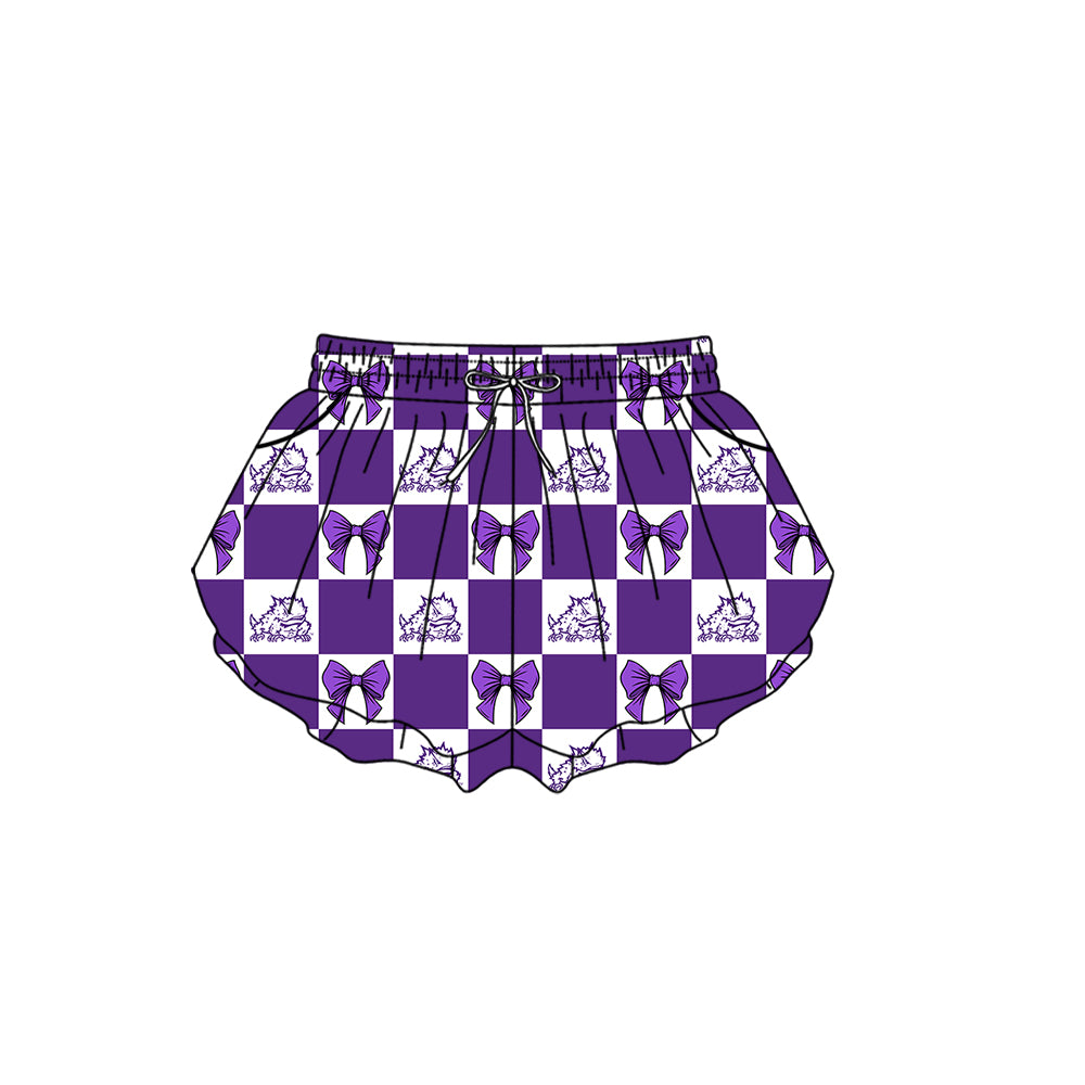Custom moq 5 mix size milk silk summer teams Checked Bows Baby Girl Purple Sleeveless Top Skirt Short Set Dress And Shorts Yoga Outfit Boy's Top Shorts Set Romper